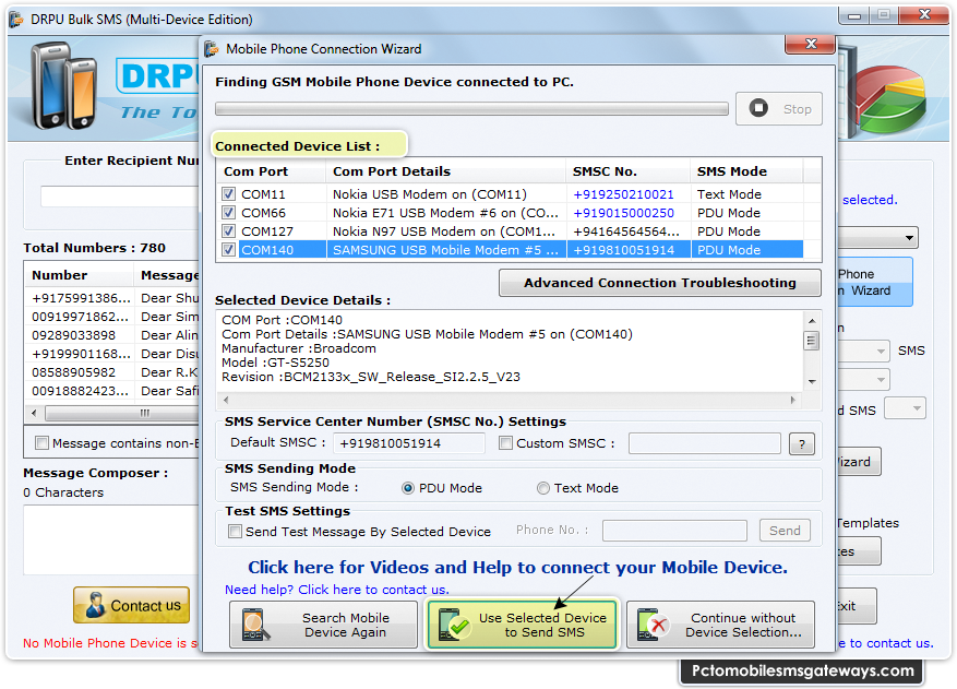 Screenshots of PC to Mobile Bulk SMS Software for Multi Mobile for ...